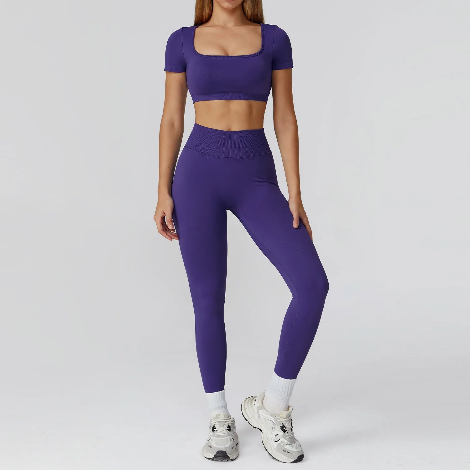 Seamless Hollowed-out High-waisted Yoga Short-sleeved Women's  Custom Yoga Long Pants Running and Fitness Set