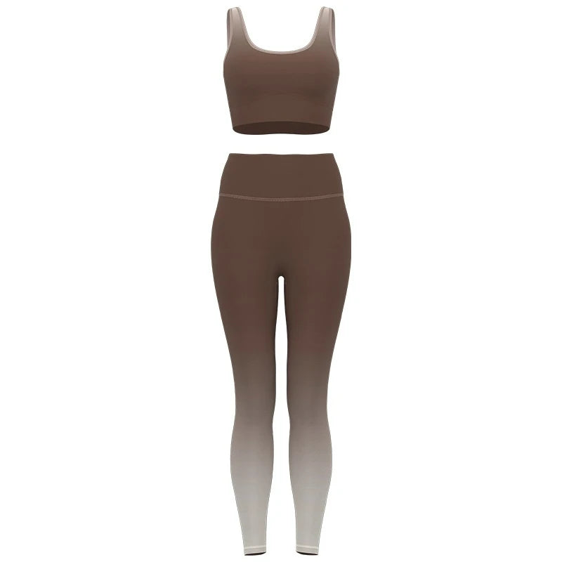 Gradient Nylon High Waist Breathable Yoga Apparel Sets Lounge Trousers 2pcs Women's Calf-Length Yoga Leggings Pants