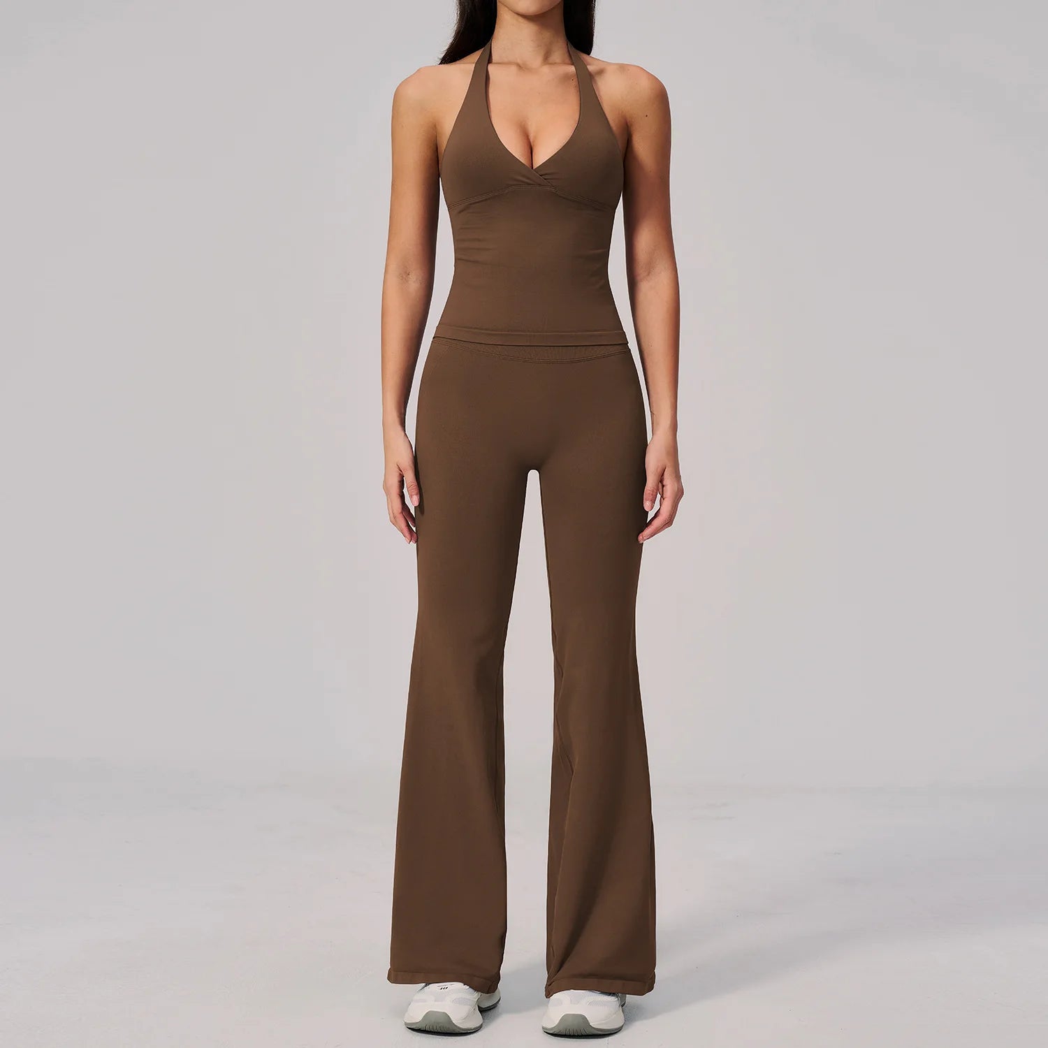 Women Seamless 2 Piece Outfits Workout Yoga Sports Track Suits Halter Neck Crop Top High Waist Flared Pant Sets Custom