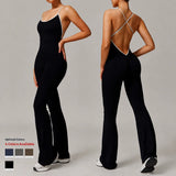 Women Backless One Piece Jumpsuit Scrunch Butt Flared Yoga Romper Contrast Trim Criss Cross Straps Custom Logo