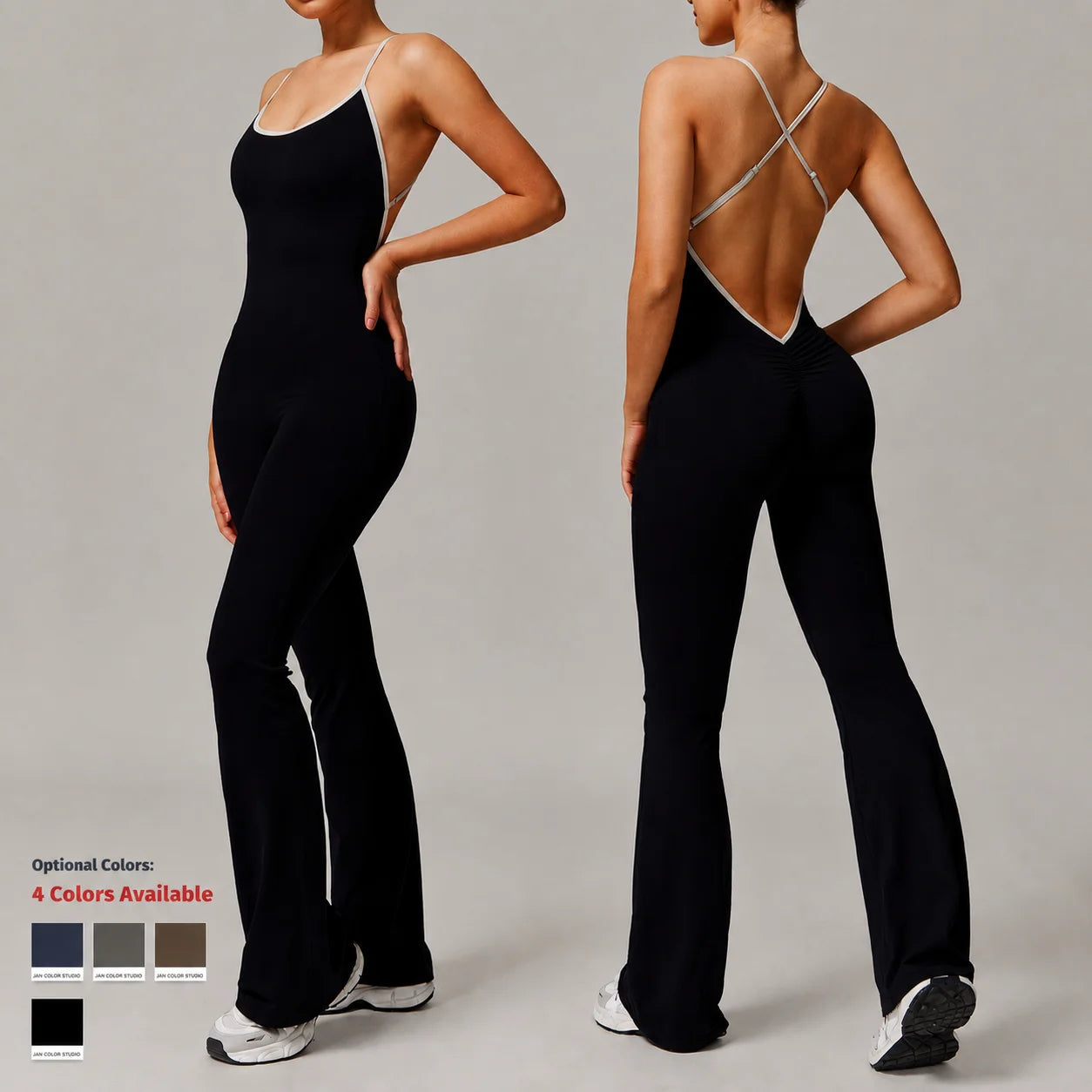 Women Backless One Piece Jumpsuit Scrunch Butt Flared Yoga Romper Contrast Trim Criss Cross Straps Custom Logo