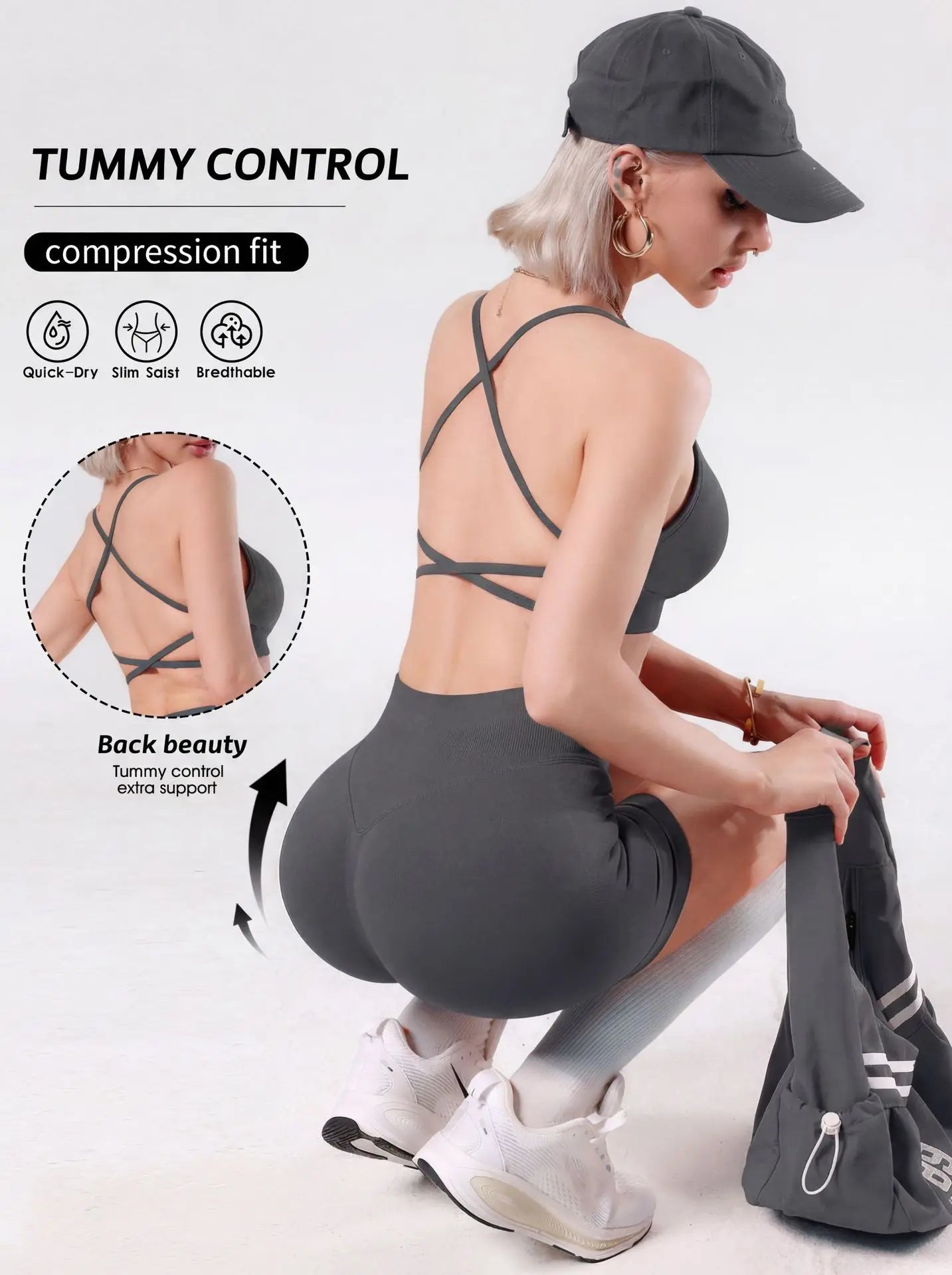 Women Lightweight Reversible Sports Bra Shorts Sets Quick Dry Seamless Yoga Bra High Impact Shock-proof Cross Back  Sport Bra