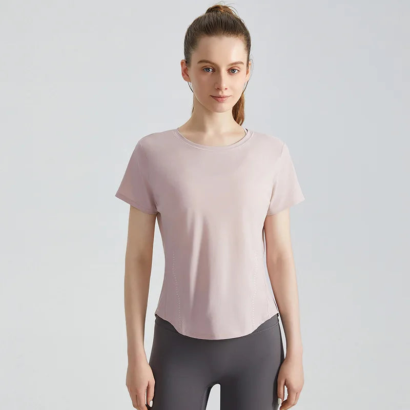 Custom Logo Women's Short Sleeve Gym T Shirt Curved Hem Loose Fit Workout Tops Quick Dry Breathable Running Yoga Tee