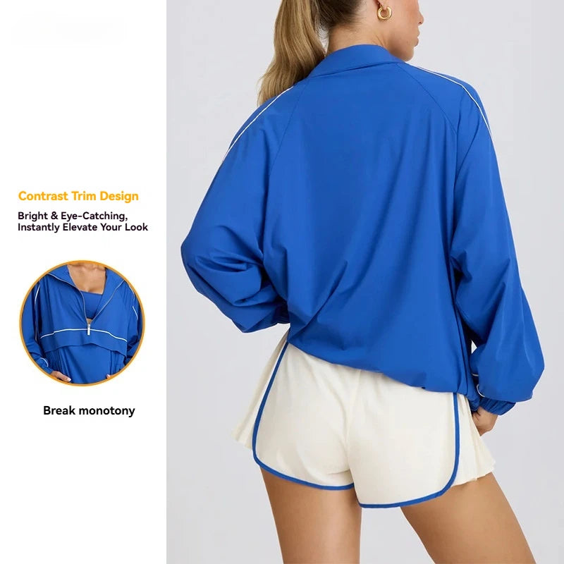 Women Half Zip Workout Jacket Oversized Contrast Trim Windbreaker Lightweight Sports Gym Sport Jacket Custom LOGO