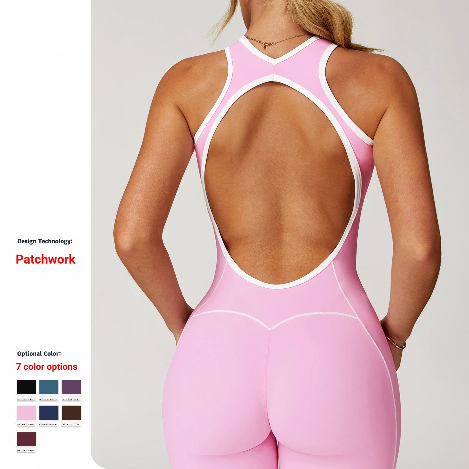Women's Open Back Flared Yoga Jumpsuit Custom Logo Contrast Trim One Piece Padded Workout Gym Bodysuit Activewear
