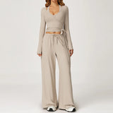 Women 3 Piece Solid Breathable Lounge Set Halter Crop Top Long Sleeve Wrap Cardigan Mid Waist Wide Leg Pants Tracksuit Custom