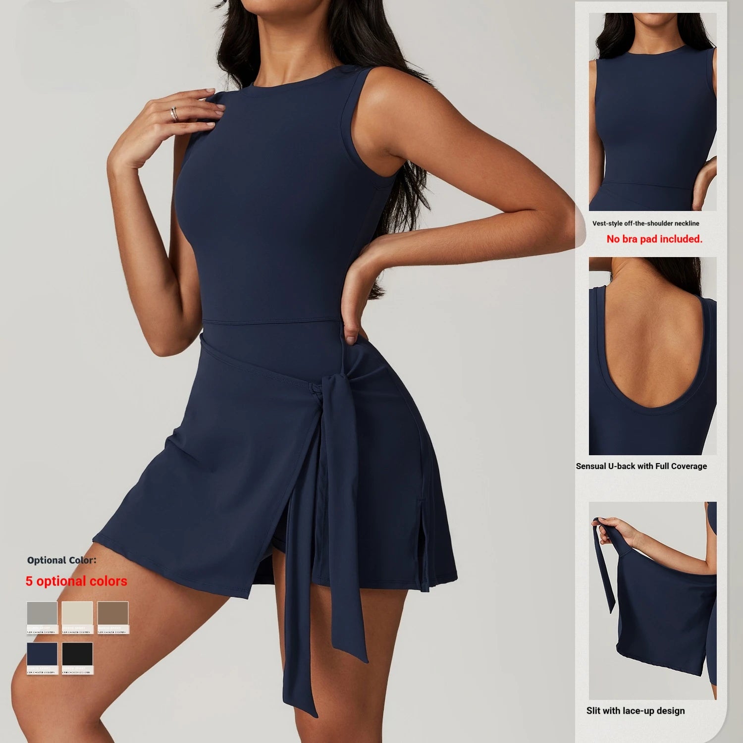 Women's Tennis & Golf Racerback Sleeveless Dress with Slit Lace-Up Anti-UV Sweat-Wicking Nylon Spandex One-Piece Workout Custom