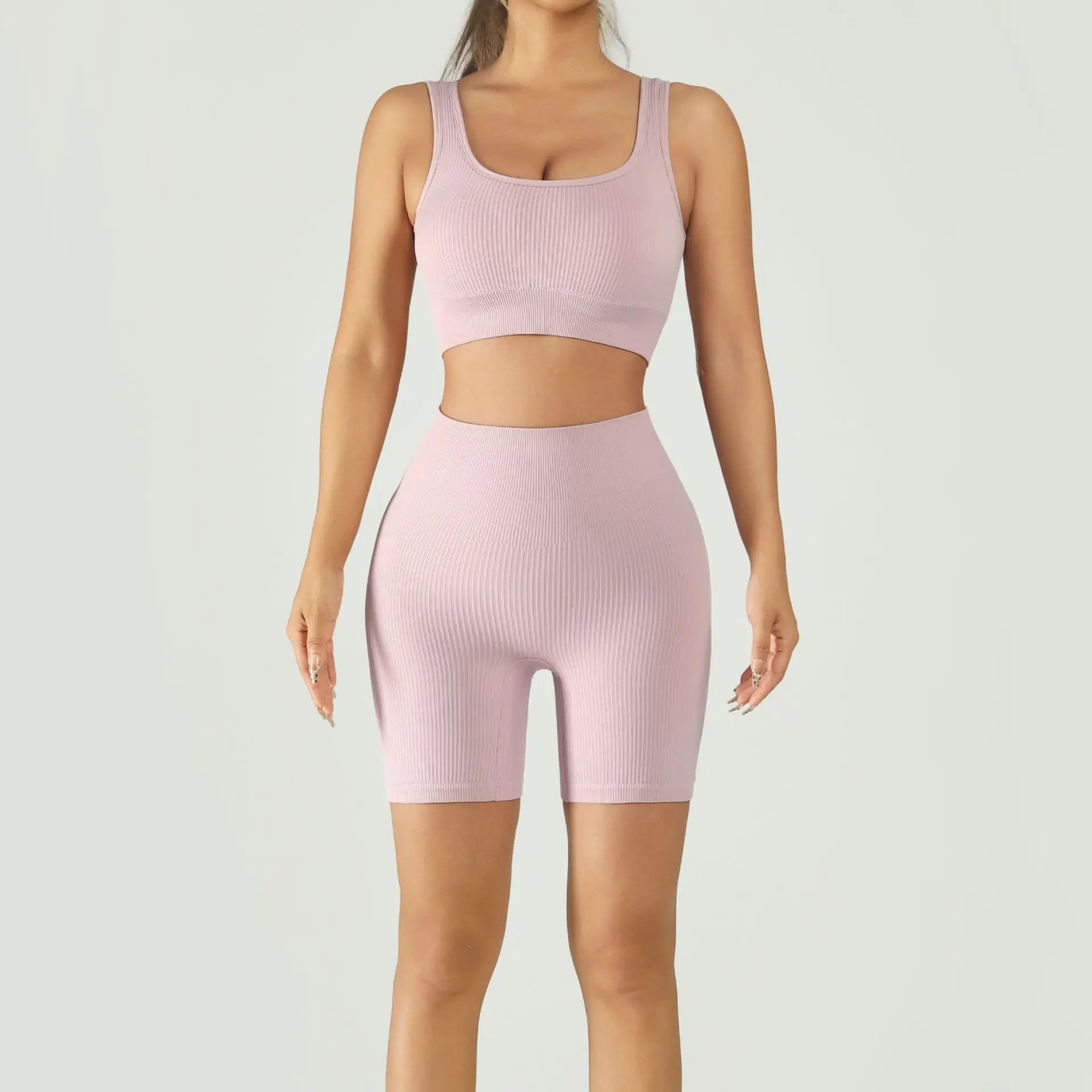 Ribbed Seamless Yoga Set Women U-Neck Sports Bra High Waist Biker Shorts 2 Piece Fitness Workout Set Wholesale
