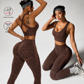Women Leopard Cross Back Sleeveless Deep V Top and Light Weight Push Hip Leggings Yoga Set Quick Dry Fashion Yoga Set