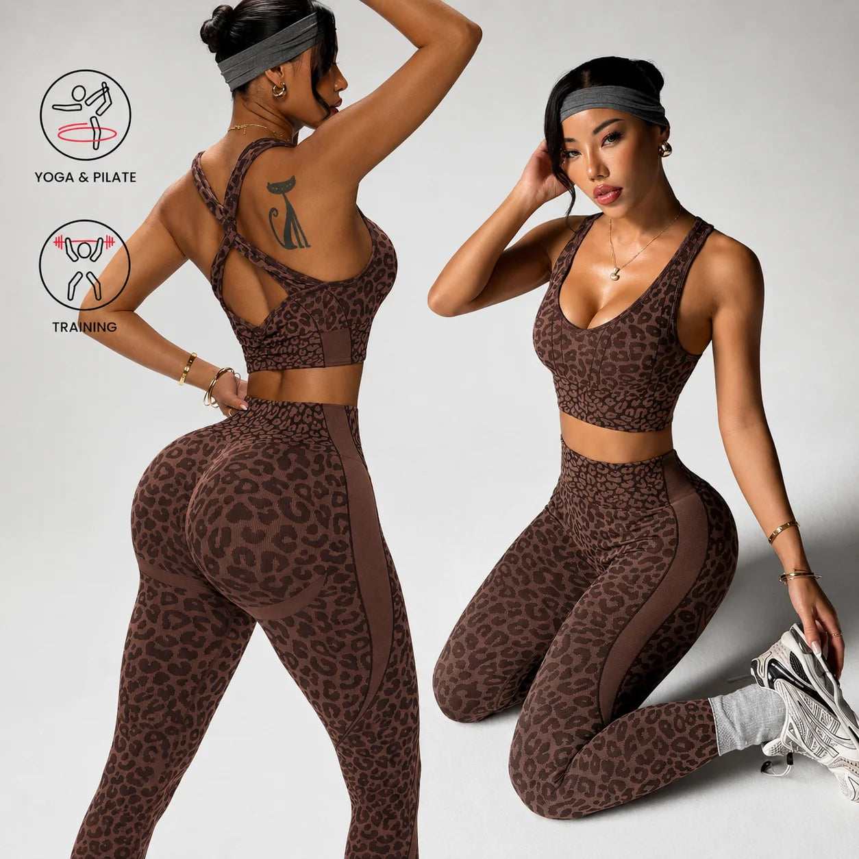 Women Leopard Cross Back Sleeveless Deep V Top and Light Weight Push Hip Leggings Yoga Set Quick Dry Fashion Yoga Set