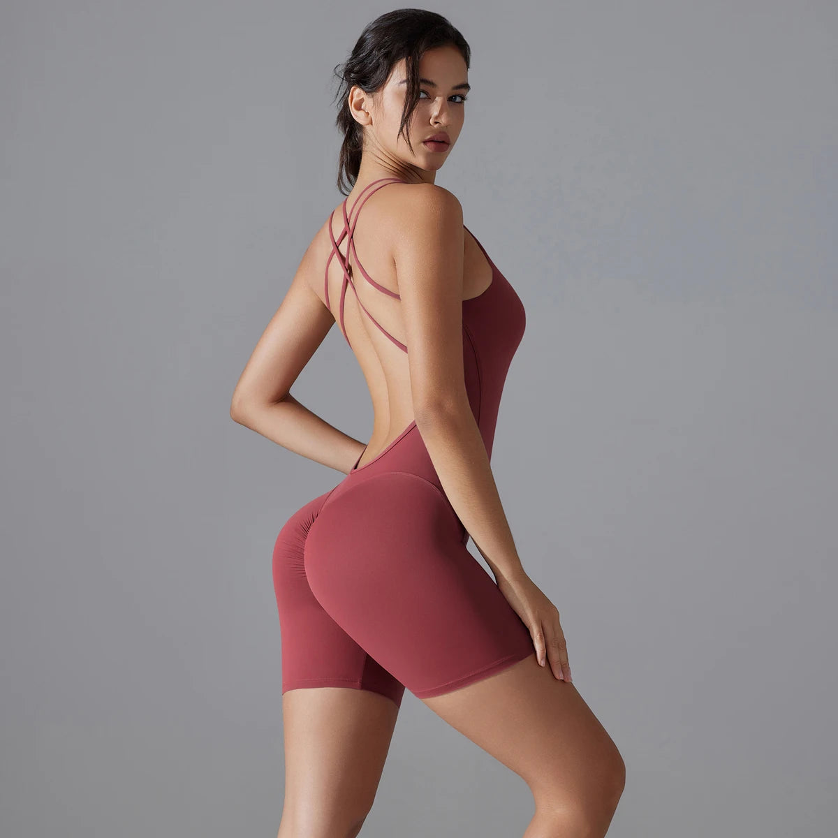 Wholesale Four-Way Stretch Peach Butt Lift Open Back Bodysuit short sleeve shirt tshirt women One Piece Tennis