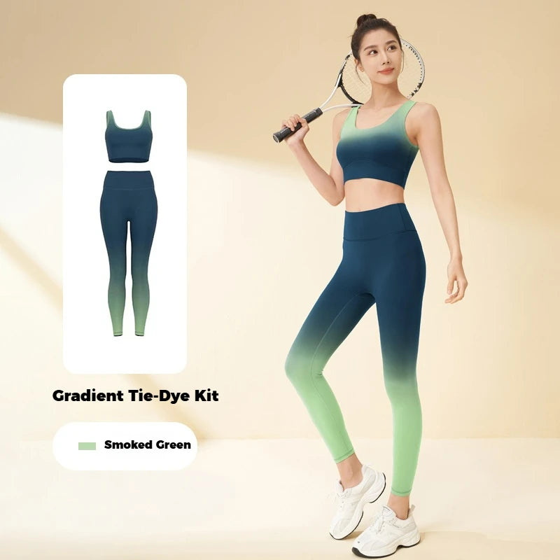 Gradient Nylon High Waist Breathable Yoga Apparel Sets Lounge Trousers 2pcs Women's Calf-Length Yoga Leggings Pants