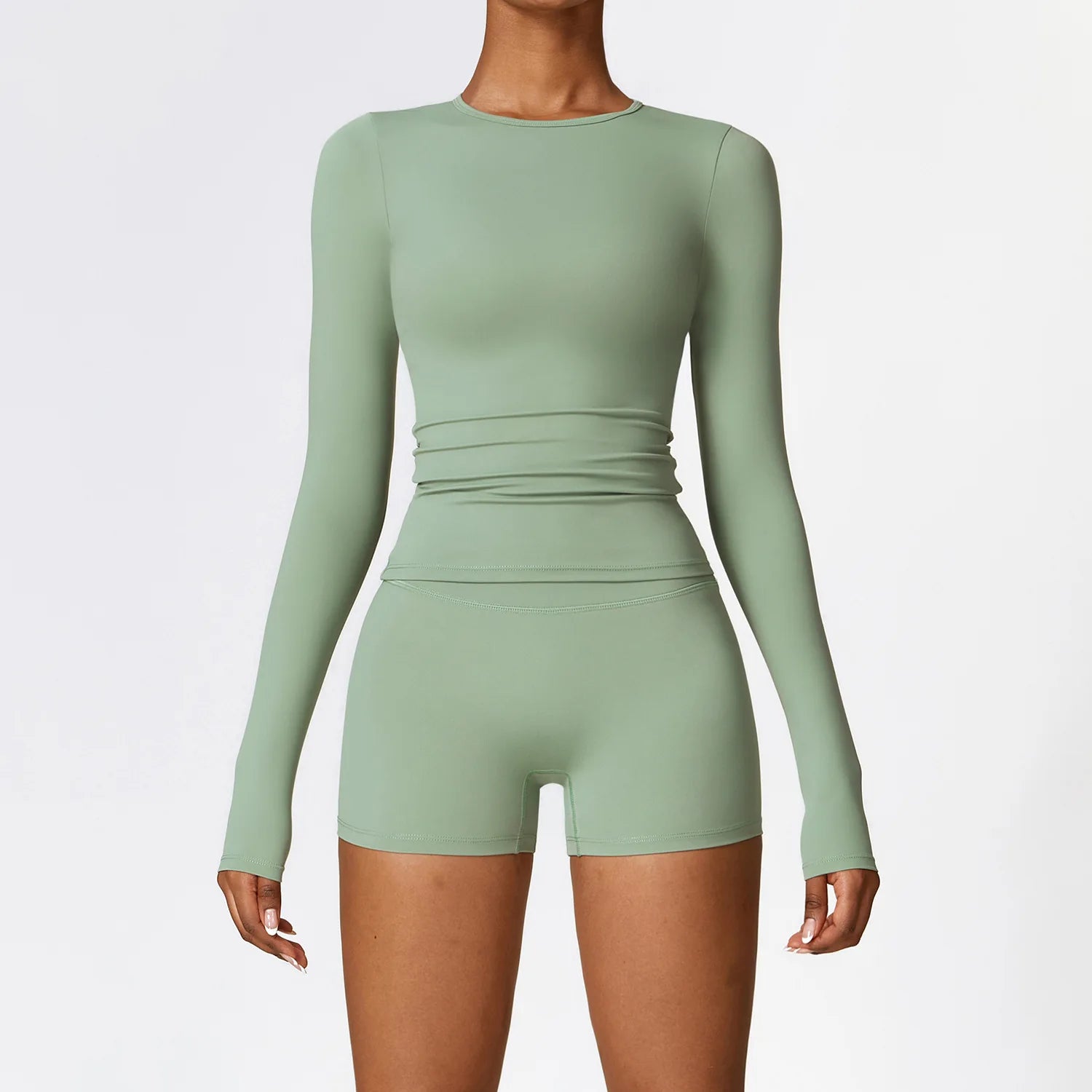 Custom Logo Yoga Set Long Sleeve 2 Piece Workout Set Women High Waist Leggings Shorts Gym Fitness Wear  Quick Dry