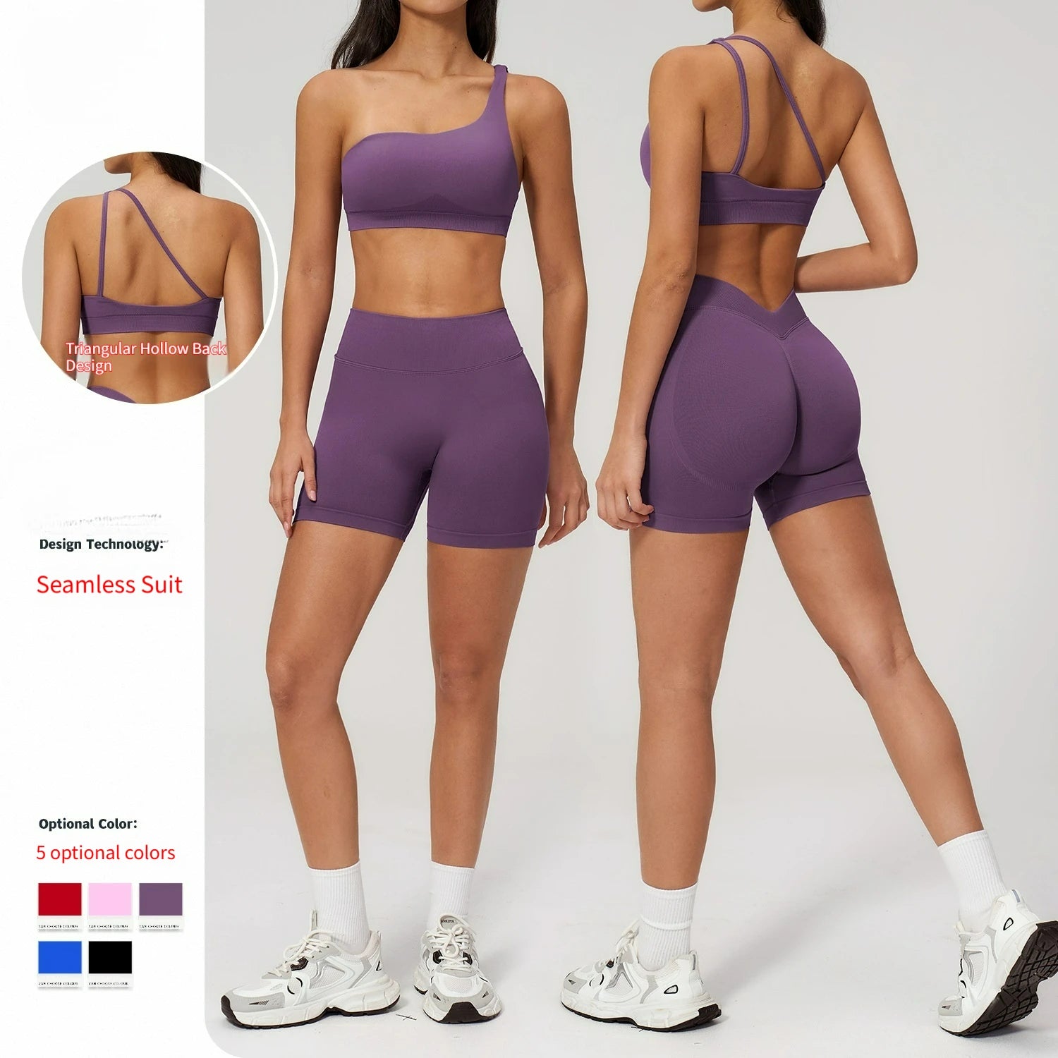 Factory One Shoulder 2-Piece Yoga Shorts Set with Seamless Breathable Stretch Fabric Solid Pattern for Fitness