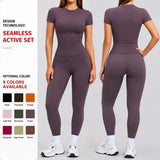 Seamless Solid Active Set Women 2 Piece Breathable Workout Outfits Short Sleeve T Shirt High Waisted Leggings Gym Yoga Set