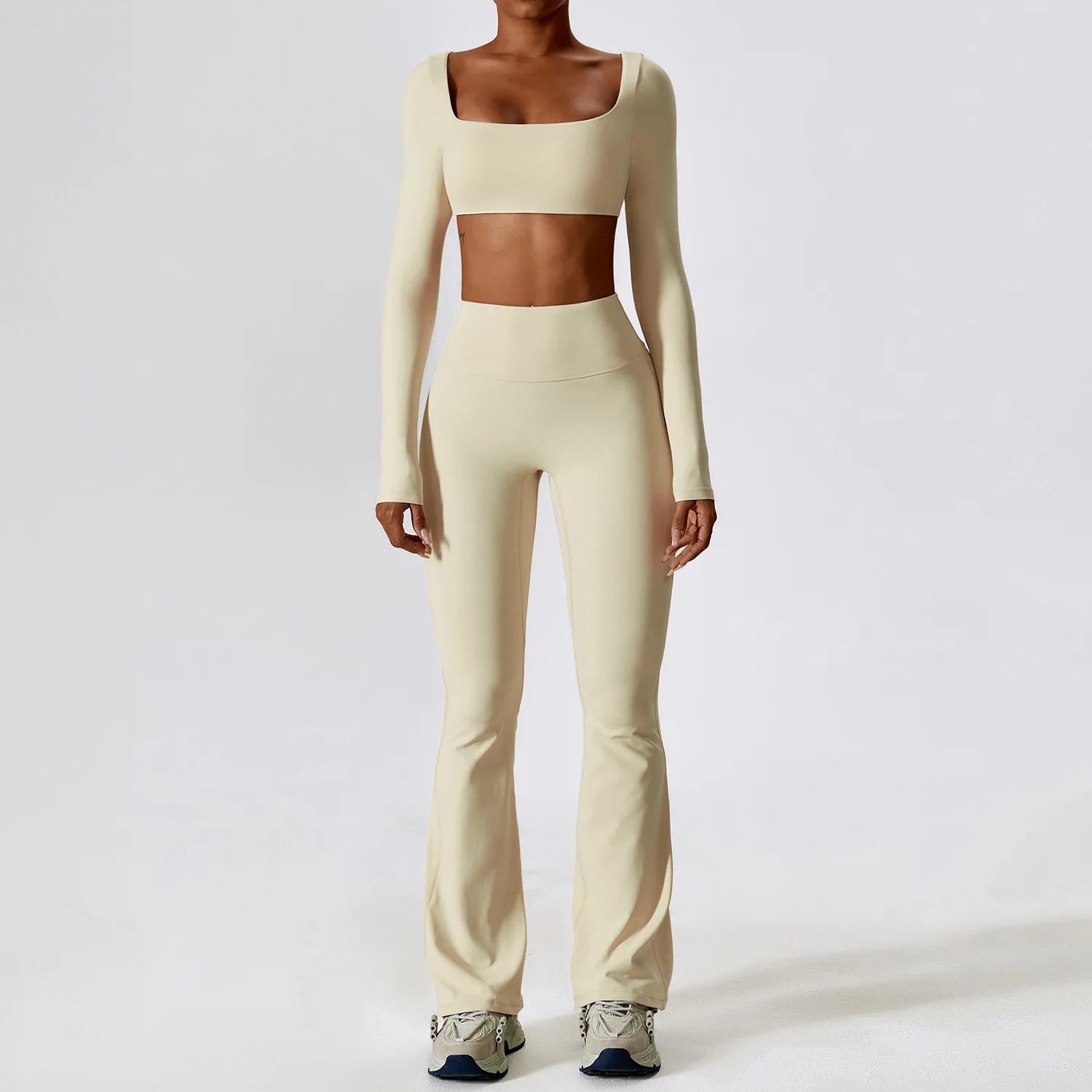 Breathable Women Running Yoga Wear Workout Long Sleeve T-Shirts Yoga Sports Crop Tops Flared Pants Bra Yoga Sets Custom