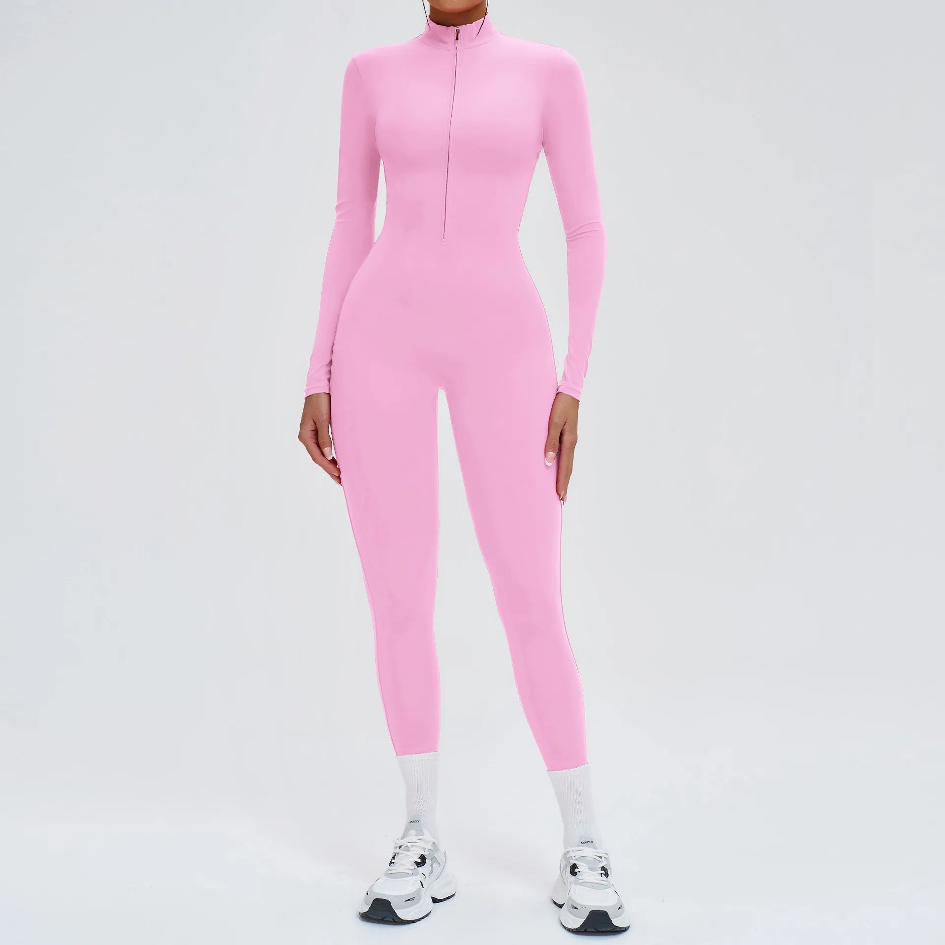 Women Front Zipper Yoga Jumpsuit  One Piece Unitard Gym Workout Bodycon Romper Athletic Wear Long Sleeve