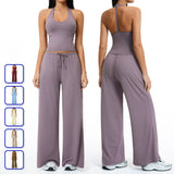 Solid Halter With T Strap Yoga Gym Sets Quick Dry Breathable Top Lightweight Loose Pants Women Summer Sports Outdoor Clothing