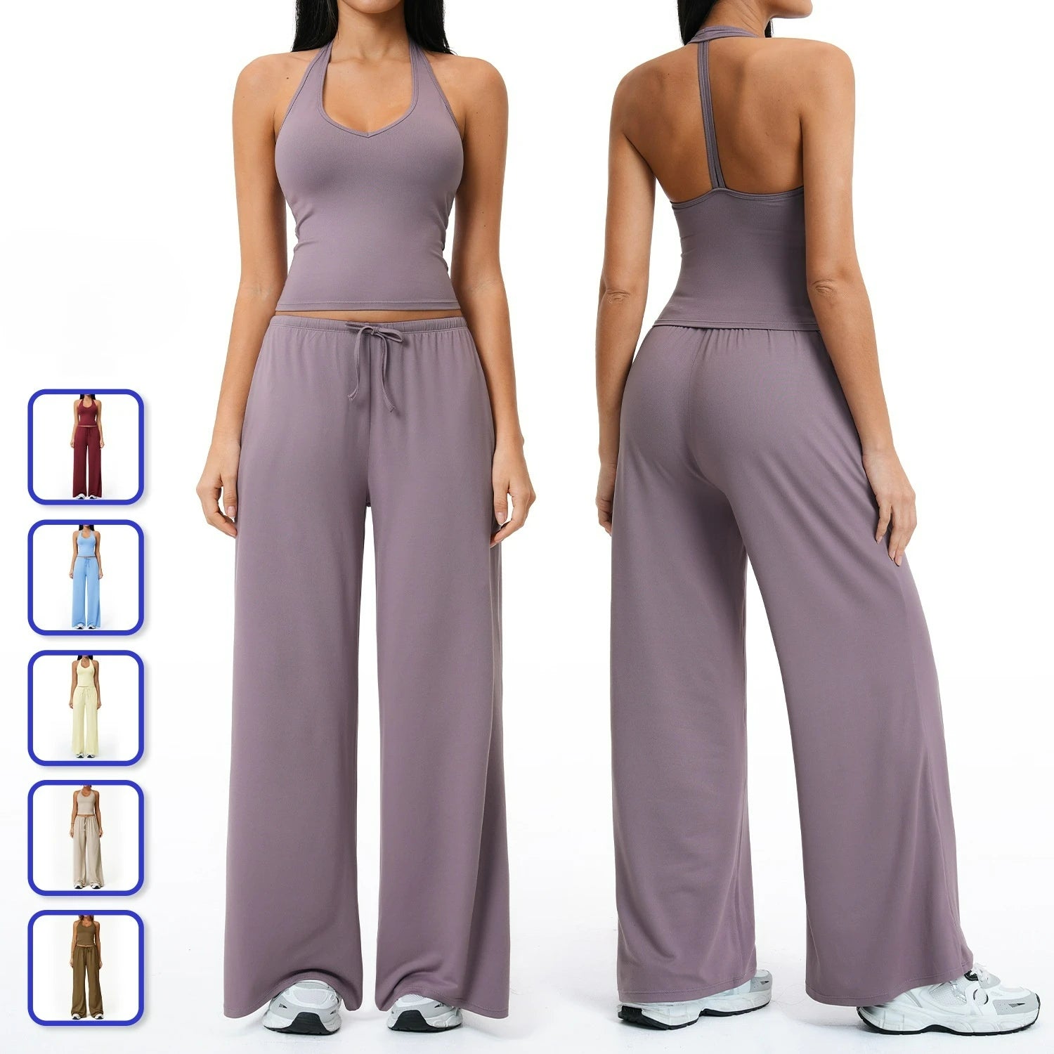 Solid Halter With T Strap Yoga Gym Sets Quick Dry Breathable Top Lightweight Loose Pants Women Summer Sports Outdoor Clothing
