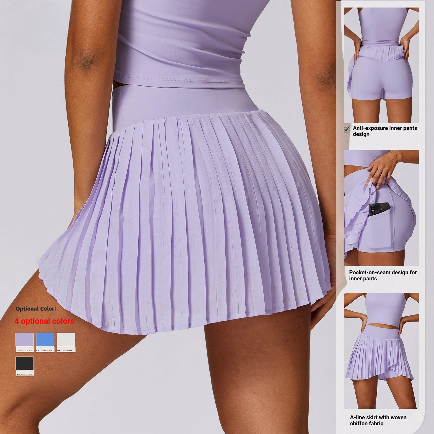 Custom Logo High Waist A-Line Pleated Tennis Skirt with Phone Pockets Anti-exposure Chiffon Golf Sports Skort