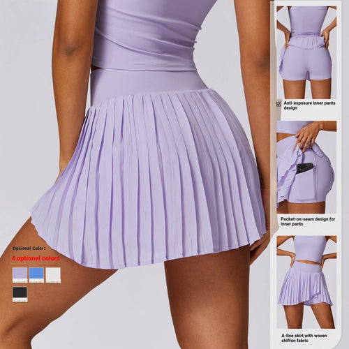 Custom Logo High Waist A-Line Pleated Tennis Skirt with Phone Pockets Anti-exposure Chiffon Golf Sports Skort