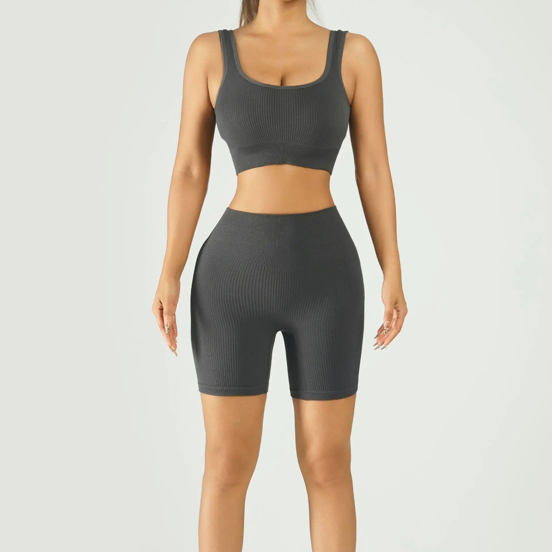 Ribbed Seamless Yoga Set Women U-Neck Sports Bra High Waist Biker Shorts 2 Piece Fitness Workout Set Wholesale