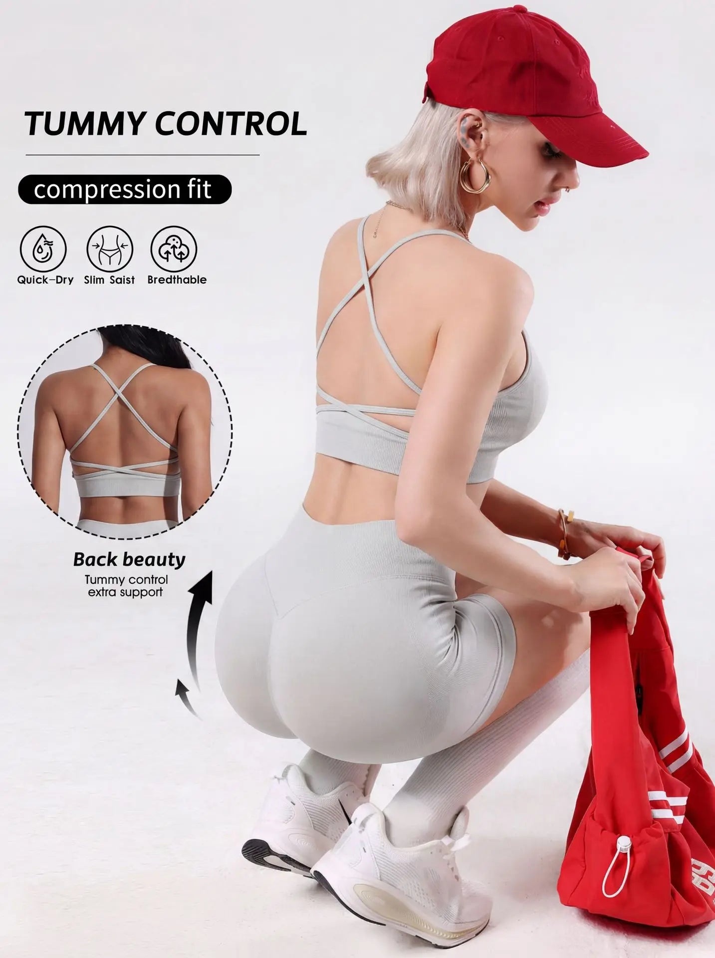 Women Lightweight Reversible Sports Bra Shorts Sets Quick Dry Seamless Yoga Bra High Impact Shock-proof Cross Back  Sport Bra