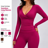 Women Crossover Wrap V Neck Long Sleeve Yoga Top Slim Fit Ruched Workout Shirt Gym Activewear Athletic Tee
