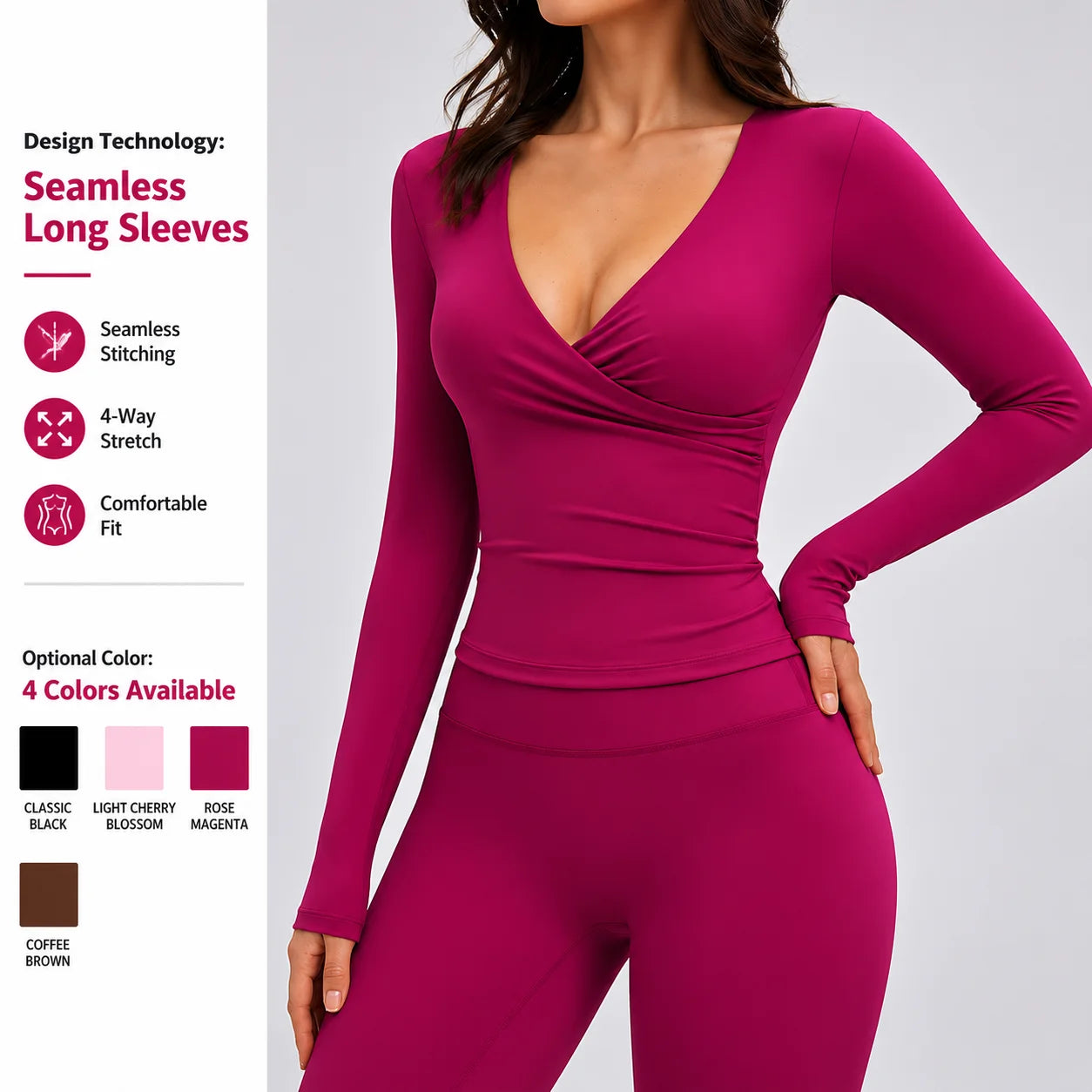 Women Crossover Wrap V Neck Long Sleeve Yoga Top Slim Fit Ruched Workout Shirt Gym Activewear Athletic Tee