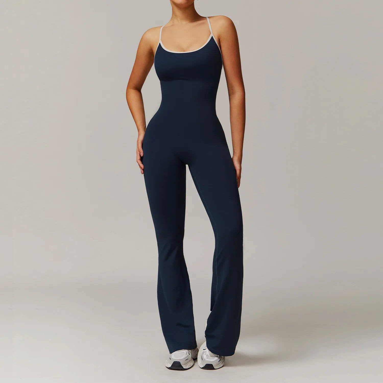 Women Backless One Piece Jumpsuit Scrunch Butt Flared Yoga Romper Contrast Trim Criss Cross Straps Custom Logo