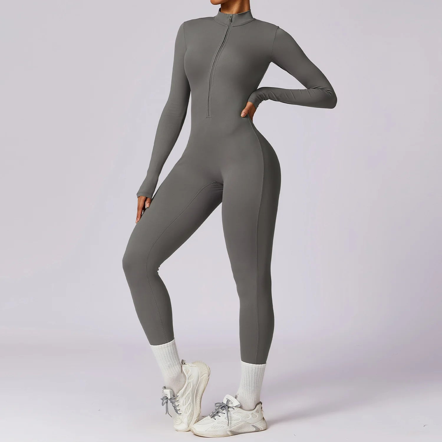 Women Front Zipper Yoga Jumpsuit  One Piece Unitard Gym Workout Bodycon Romper Athletic Wear Long Sleeve