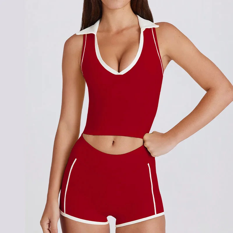 Custom Logo Yoga Set Women Polo Collar Contrast Trim Tennis Shorts Set 2 Piece Gym Workout Fitness Activewear