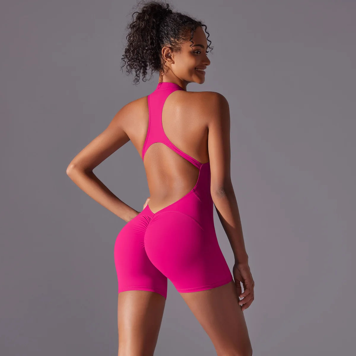 Halter Neck Yoga Jumpsuit Front Zip Backless Romper Scrunch Butt Bodysuit One Piece Shorts Fitness Set Custom LOGO