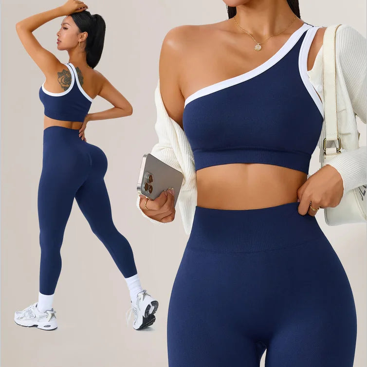 Yoga Set Women 2 Piece Set One Shoulder Contrast Trim Sports Bra High Waist Leggings Seamless Activewear Set