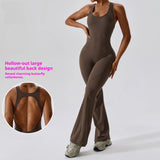 Plus Size Elastin Backless Workout Romper Quick Dry Flare Leggings Yoga Jumpsuits Knitted Women Custom  Gym Fitness Bodysuit