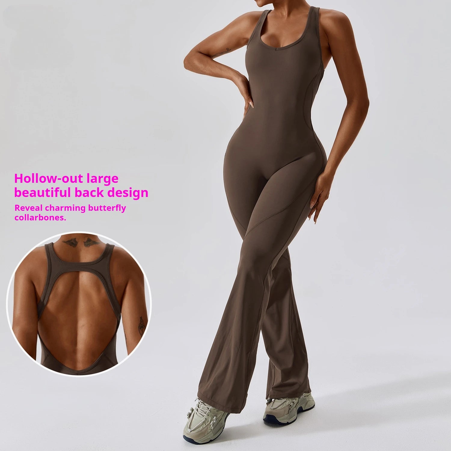 Plus Size Elastin Backless Workout Romper Quick Dry Flare Leggings Yoga Jumpsuits Knitted Women Custom  Gym Fitness Bodysuit
