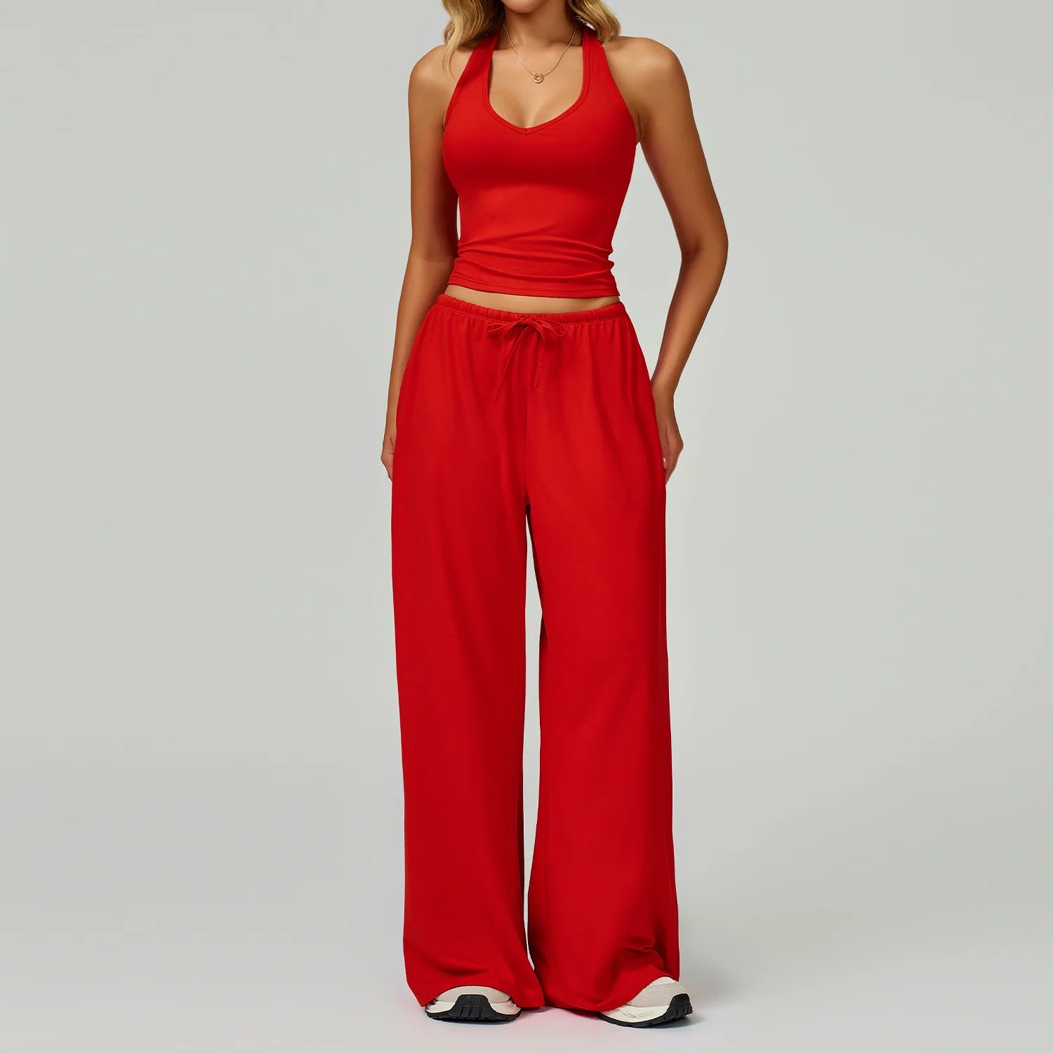Women 3 Piece Solid Breathable Lounge Set Halter Crop Top Long Sleeve Wrap Cardigan Mid Waist Wide Leg Pants Tracksuit Custom