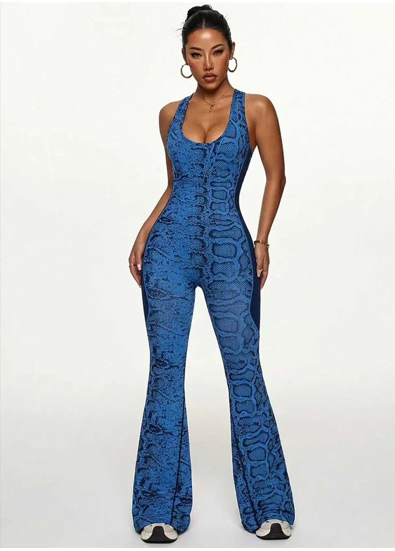 Women Leopard Cross Back Flared Yoga Bodysuits Gym Fitness Yoga Jumpsuit Workout Clothes Quick-drying Sportswear Shapewear