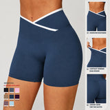 Crossover Waistband Yoga Shorts Contrast Binding High Waisted Biker Shorts Women Butt Lift Gym Workout Essentials Shorts