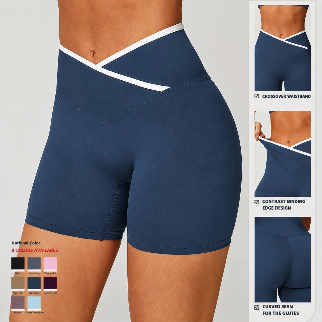 Crossover Waistband Yoga Shorts Contrast Binding High Waisted Biker Shorts Women Butt Lift Gym Workout Essentials Shorts