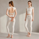 Women Solid 2 Piece Gym Set Front Open Back Crossover Crop Top High Waisted Leggings Workout Yoga Set OEM Custom Logo