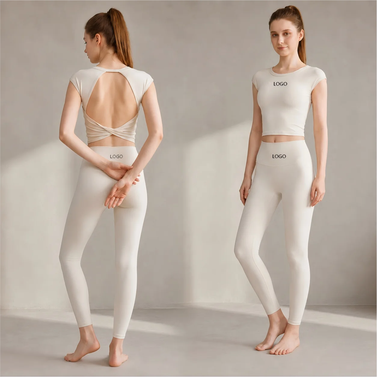 Women Solid 2 Piece Gym Set Front Open Back Crossover Crop Top High Waisted Leggings Workout Yoga Set OEM Custom Logo