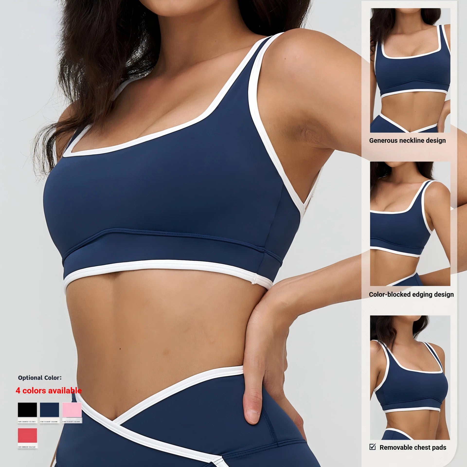 Yoga Bra Generous Neckline Contrasting Colors Custom Logo Women Running Fitness Bra Patchwork Square Neck Crop Top