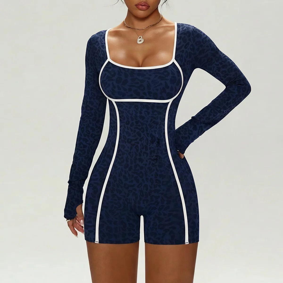 Leopard Seamless Activewear Women Long Sleeve Butt Lift Gym Workout Yoga Breathable & Quick-Dry Jumpsuits Workout Bodysuit