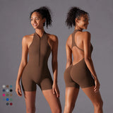 Halter Neck Yoga Jumpsuit Front Zip Backless Romper Scrunch Butt Bodysuit One Piece Shorts Fitness Set Custom LOGO