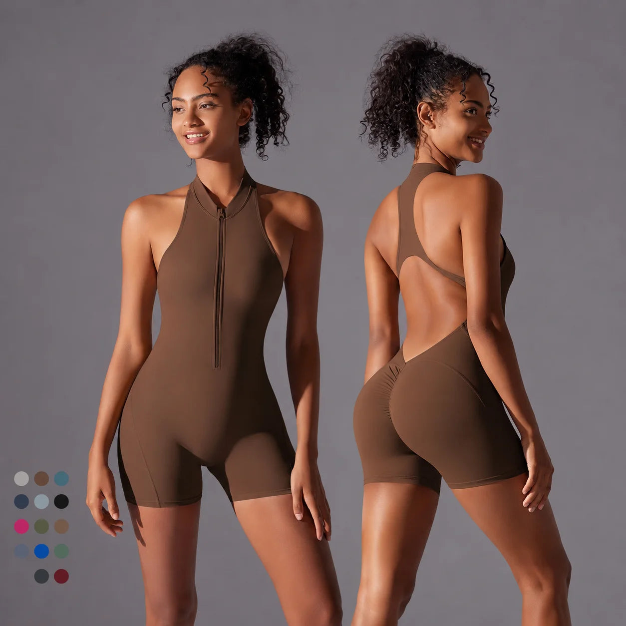 Halter Neck Yoga Jumpsuit Front Zip Backless Romper Scrunch Butt Bodysuit One Piece Shorts Fitness Set Custom LOGO