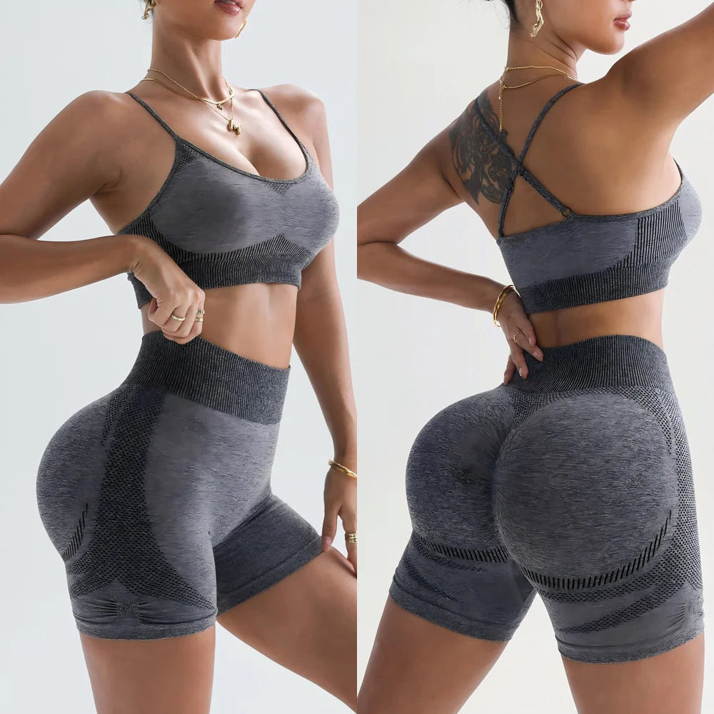 Women's High Waist Sports Shorts Elastic Solid Breathable Sport Leggings 2-Piece Set Peach Hip Design Front Logo for Gym & Yoga
