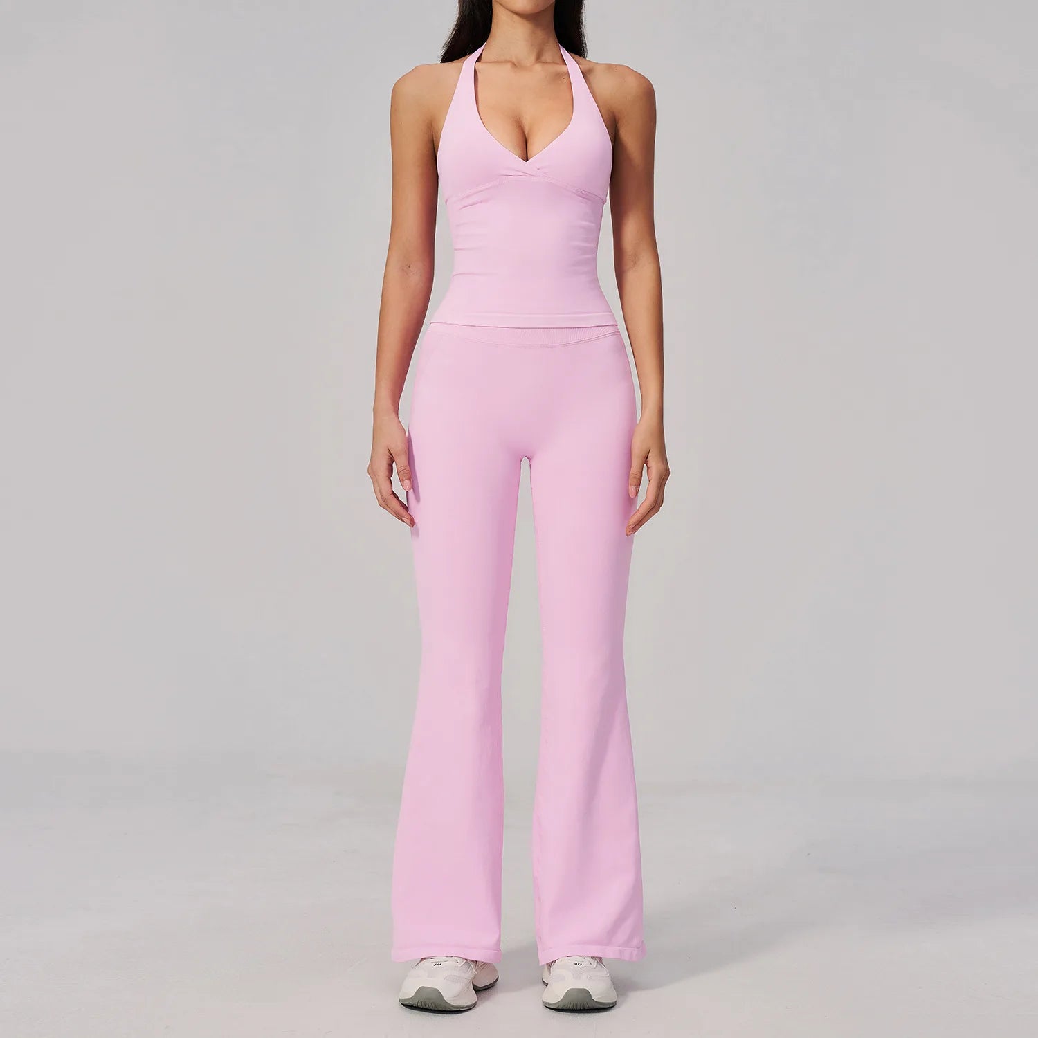 Women Seamless 2 Piece Outfits Workout Yoga Sports Track Suits Halter Neck Crop Top High Waist Flared Pant Sets Custom