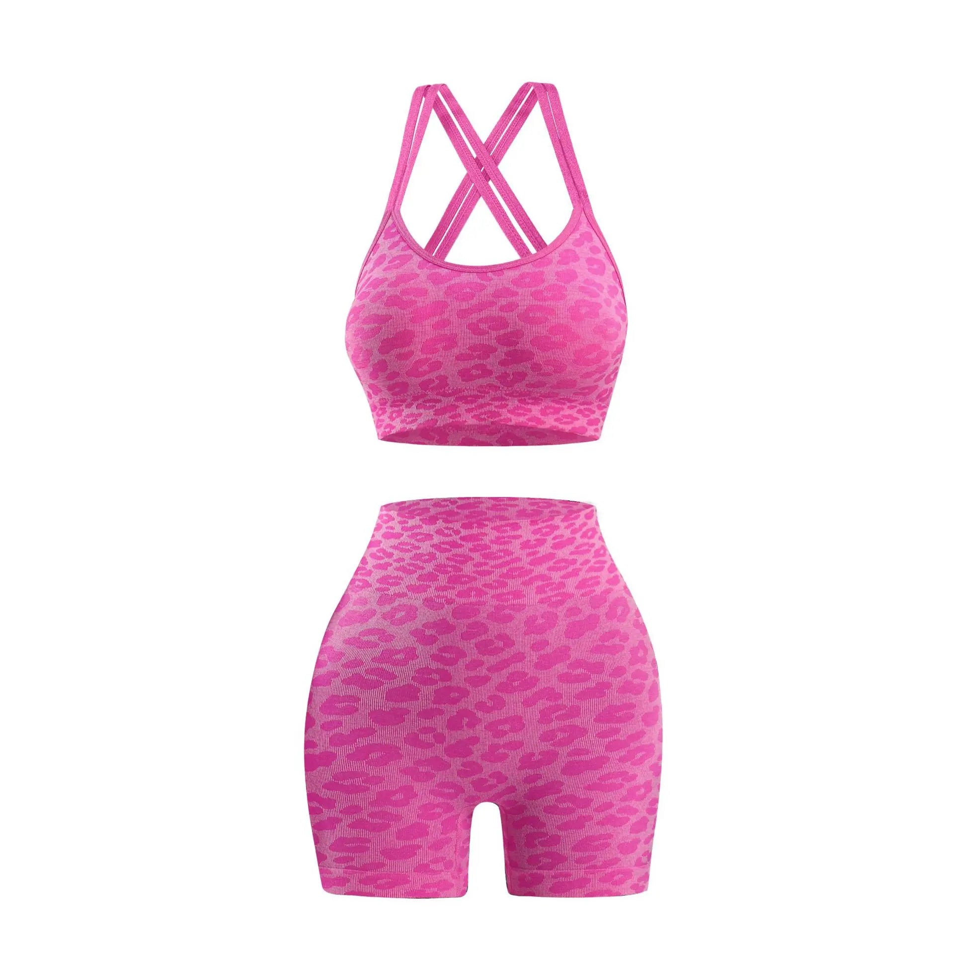 Leopard Print Seamless Yoga Set Women Cross Back Sports Bra High Waist Biker Shorts 2 Piece Workout Set Custom Apparel