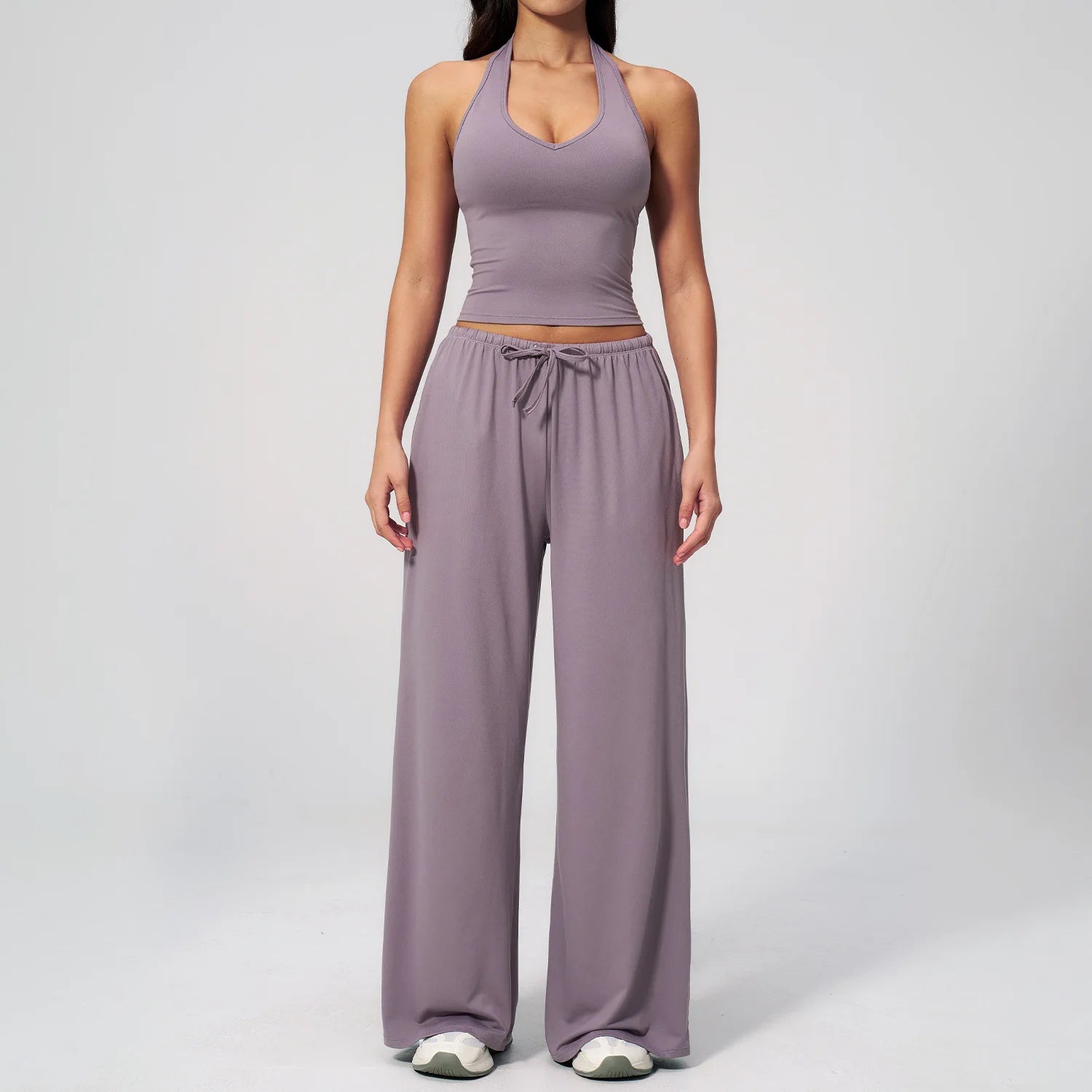 Women 3 Piece Solid Breathable Lounge Set Halter Crop Top Long Sleeve Wrap Cardigan Mid Waist Wide Leg Pants Tracksuit Custom